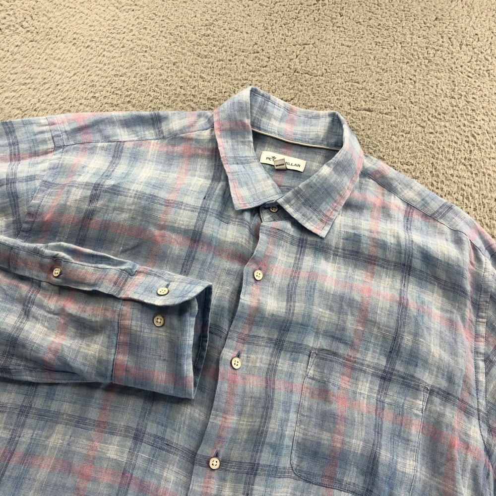 Peter Millar Shirt Mens Large Pink Blue Linen Button Down Lightweight Breathable